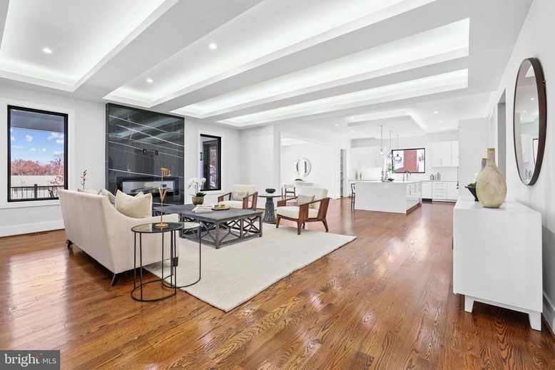 Fireplace, Interior, Kitchen, Living room, Pendant Lights, Recessed Lighting, Wood Texture Flooring