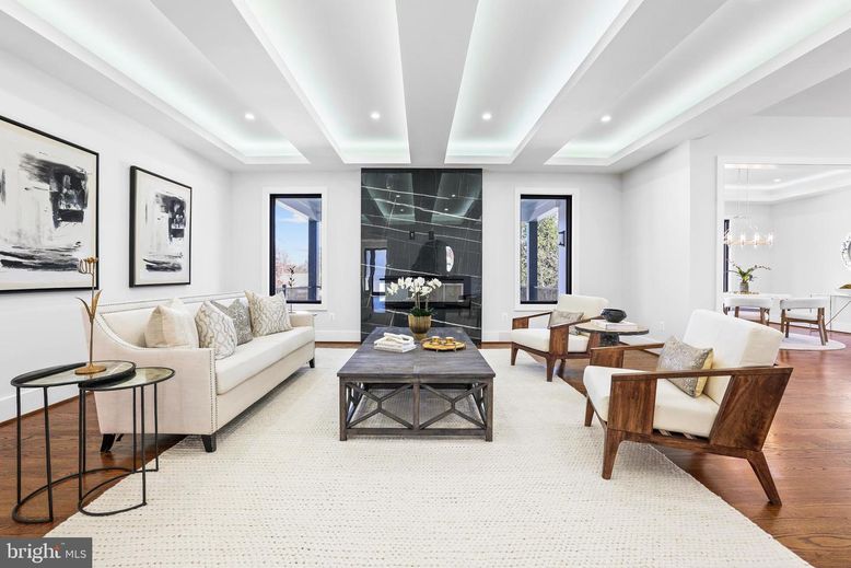 Dining room, Fireplace, Interior, Living room, Recessed Lighting, Wood Texture Flooring