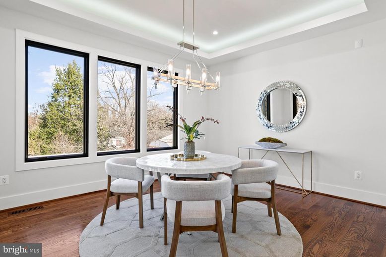 Dining room, Interior, Pendant Lights, Recessed Lighting, Wood Texture Flooring