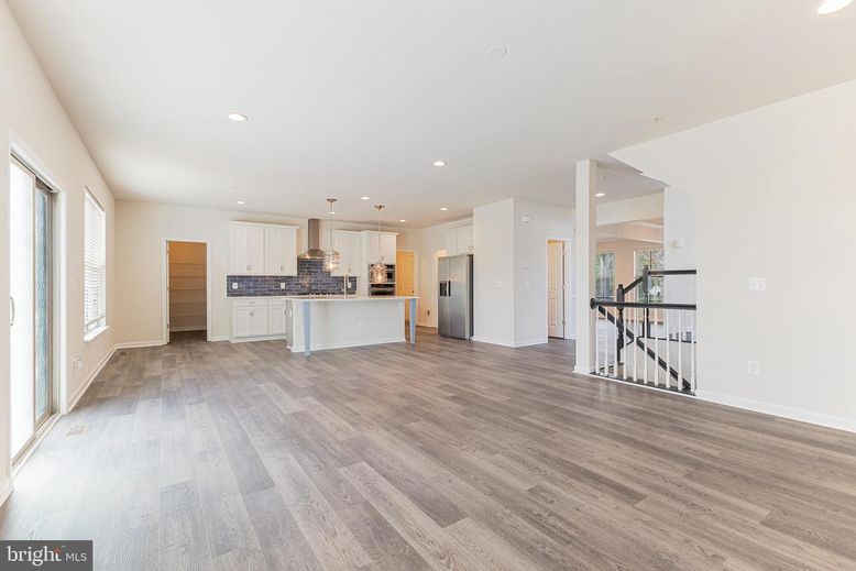Empty room, Interior, Kitchen, Pendant Lights, Recessed Lighting, Wood Texture Flooring
