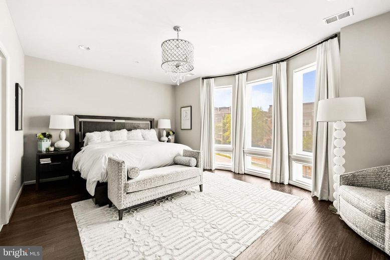 Bedroom, Chandelier, Interior, Recessed Lighting, Wood Texture Flooring