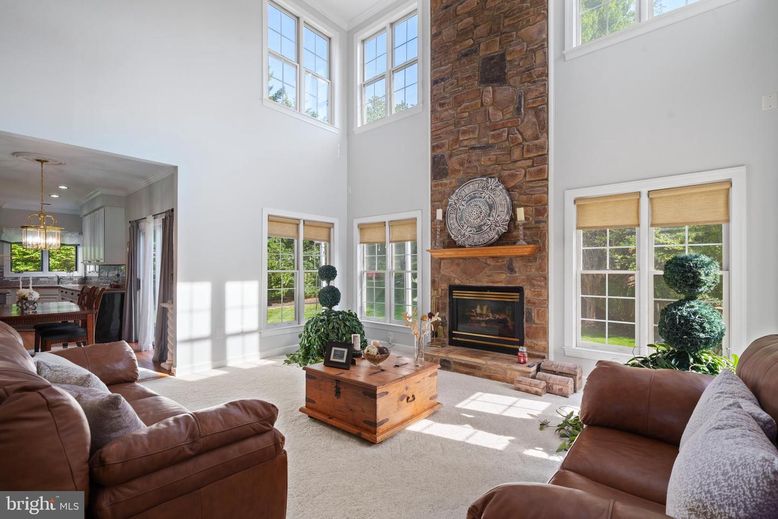 Dining room, Fireplace, Interior, Living room, Pendant Lights, Recessed Lighting, Stone Walls