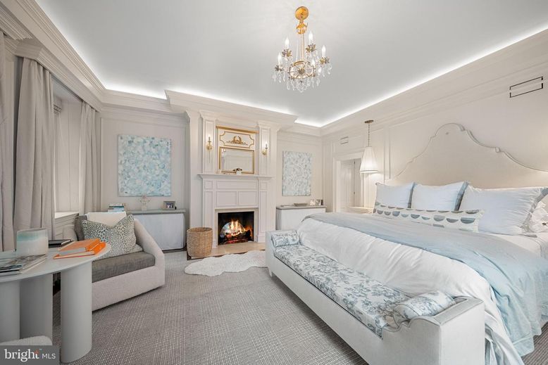 Bedroom, Chandelier, Fireplace, Interior