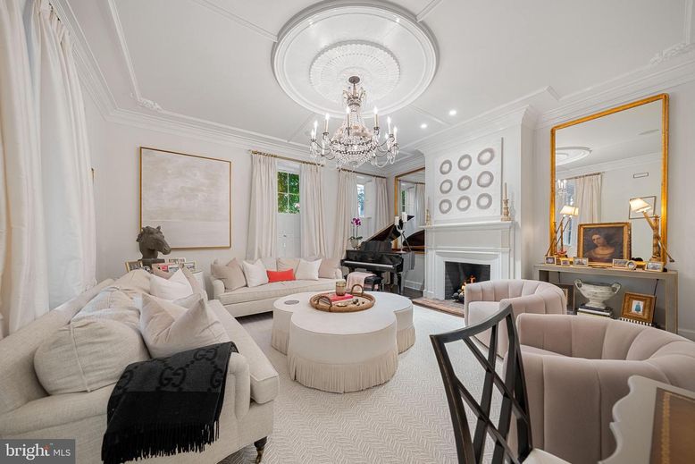 Chandelier, Fireplace, Interior, Living room, Piano, Recessed Lighting