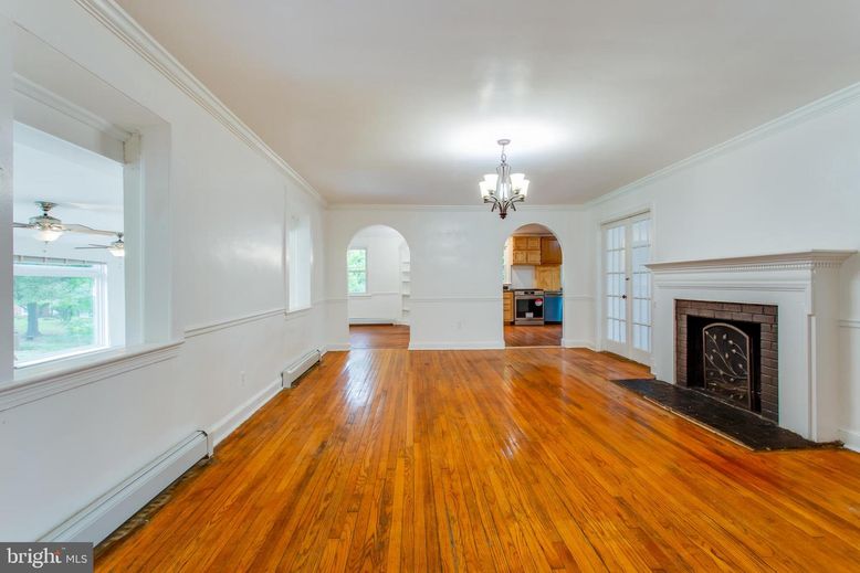 Chandelier, Empty room, Fireplace, Interior, Wood Texture Flooring
