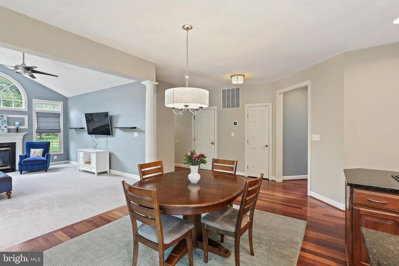 Chandelier, Dining room, Fireplace, Interior, Pendant Lights, Wood Texture Flooring