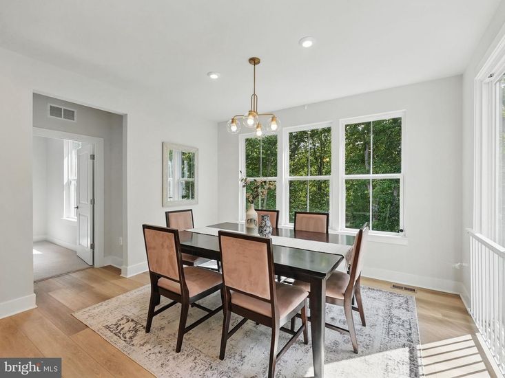 Dining room, Interior, Pendant Lights, Recessed Lighting, Wood Texture Flooring