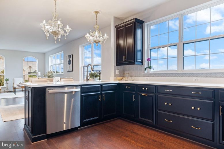 Chandelier, Interior, Kitchen, Stainless Steel Appliances, Wood Texture Flooring