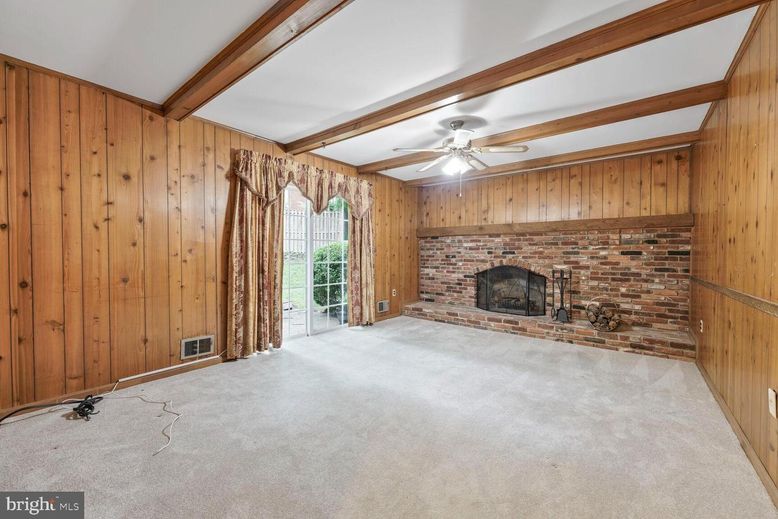 Empty room, Fireplace, Interior, Stone Walls, Wooden Beams, Wooden Walls