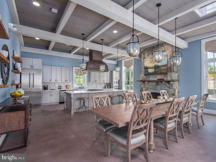 Dining room, Fireplace, Interior, Kitchen, Pendant Lights, Recessed Lighting, Stainless Steel Appliances