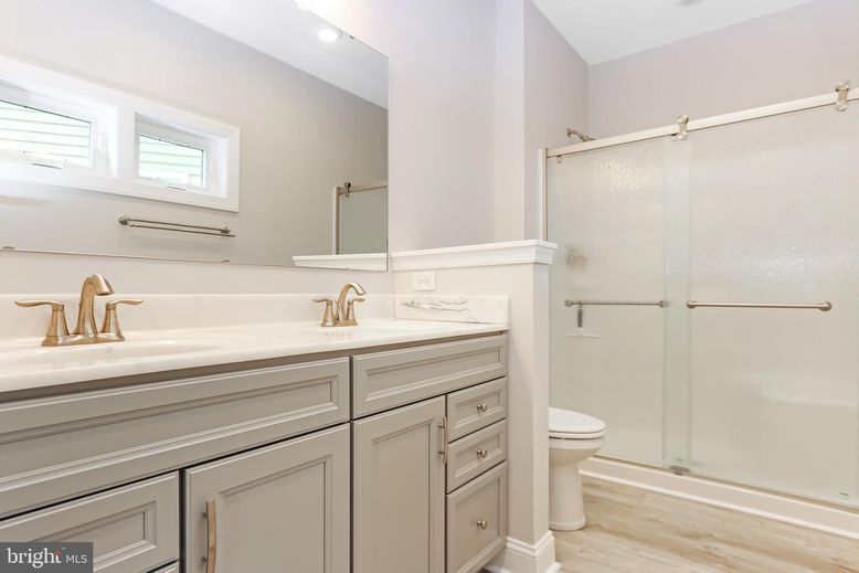 Bathroom, Glass Shower, Interior, Recessed Lighting, Wood Texture Flooring