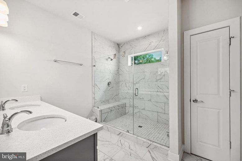 Bathroom, Glass Shower, Interior, Marble, Marble Walls, Recessed Lighting