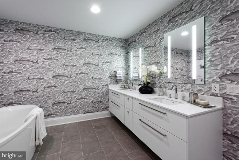 Bathroom, Dual Sink Vanities, Interior, Recessed Lighting, Stone Walls