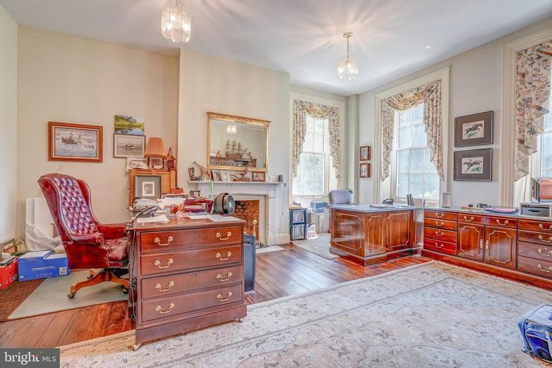 Fireplace, Home Office, Interior, Pendant Lights, Wood Texture Flooring