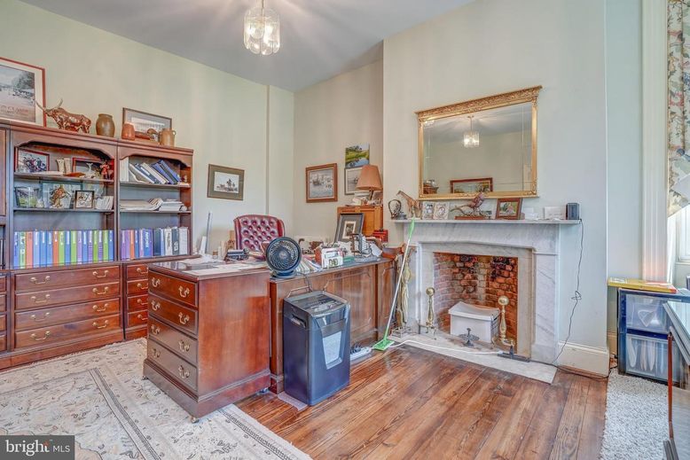 Fireplace, Home Office, Interior, Pendant Lights, Wood Texture Flooring