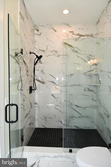Bathroom, Glass Shower, Interior, Marble Walls, Recessed Lighting
