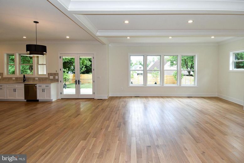 Empty room, Interior, Kitchen, Pendant Lights, Recessed Lighting, Wood Texture Flooring