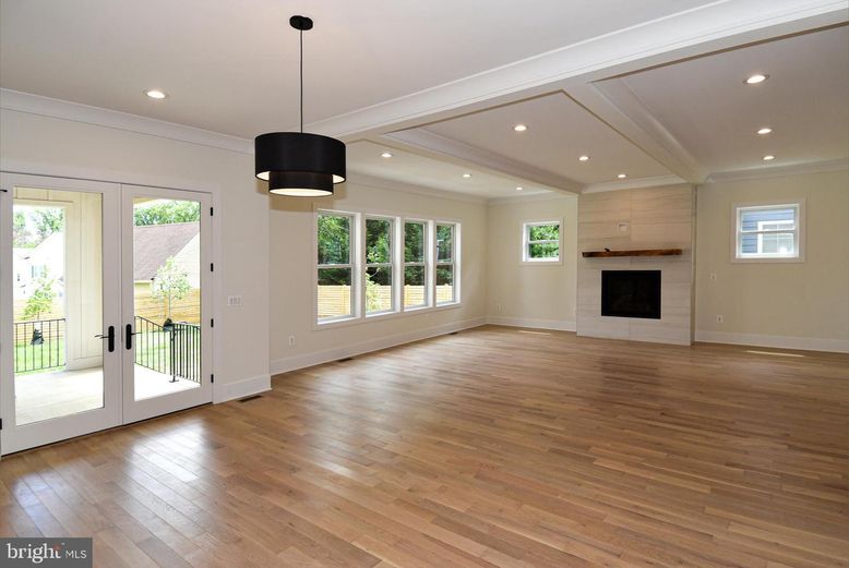 Empty room, Fireplace, Interior, Pendant Lights, Recessed Lighting, Wood Texture Flooring