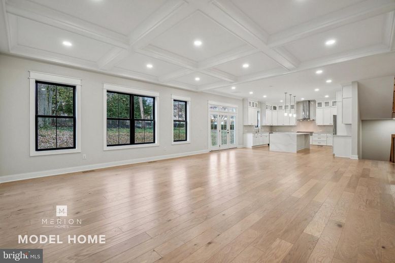 Empty room, Interior, Kitchen, Pendant Lights, Recessed Lighting, Wood Texture Flooring