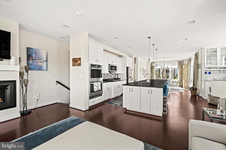 Fireplace, Interior, Kitchen, Pendant Lights, Recessed Lighting, Stainless Steel Appliances, Wood Texture Flooring