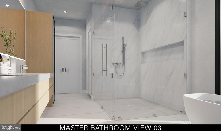 Bathroom, Free Standing Baths, Glass Shower, Interior, Marble Walls, Recessed Lighting