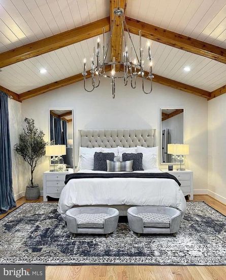 Bedroom, Chandelier, Interior, Recessed Lighting, Wooden Beams, Wood Texture Flooring
