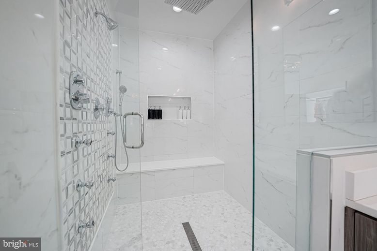 Bathroom, Glass Shower, Interior, Marble Walls, Recessed Lighting