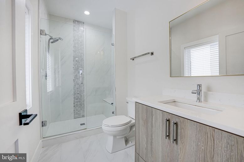 Bathroom, Glass Shower, Interior, Marble, Marble Walls, Recessed Lighting