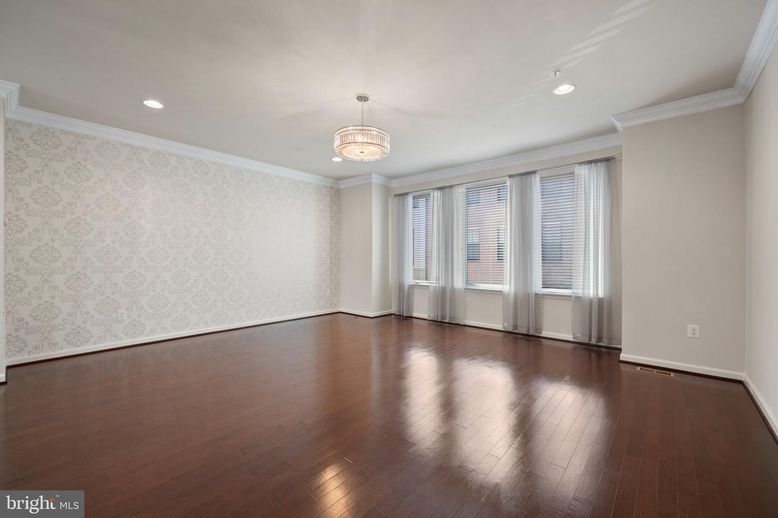 Chandelier, Empty room, Interior, Recessed Lighting, Wood Texture Flooring