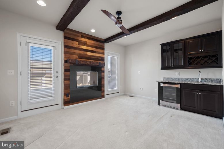 Empty room, Fireplace, Interior, Recessed Lighting, Wooden Beams, Wooden Walls