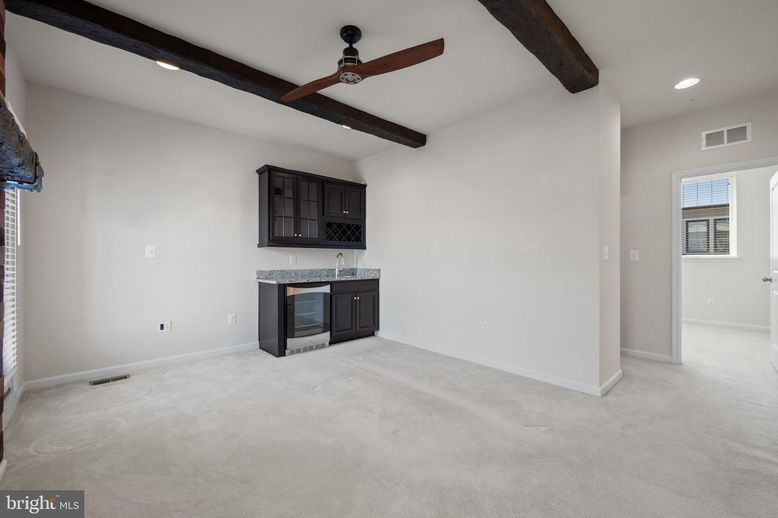 Empty room, Fireplace, Interior, Recessed Lighting, Wooden Beams