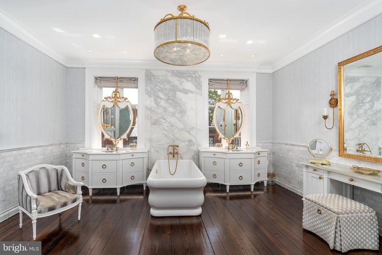 Bathroom, Free Standing Baths, Interior, Marble Walls, Recessed Lighting, Wood Texture Flooring