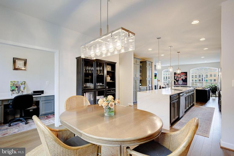 Dining room, Interior, Kitchen, Pendant Lights, Recessed Lighting, Wood Texture Flooring