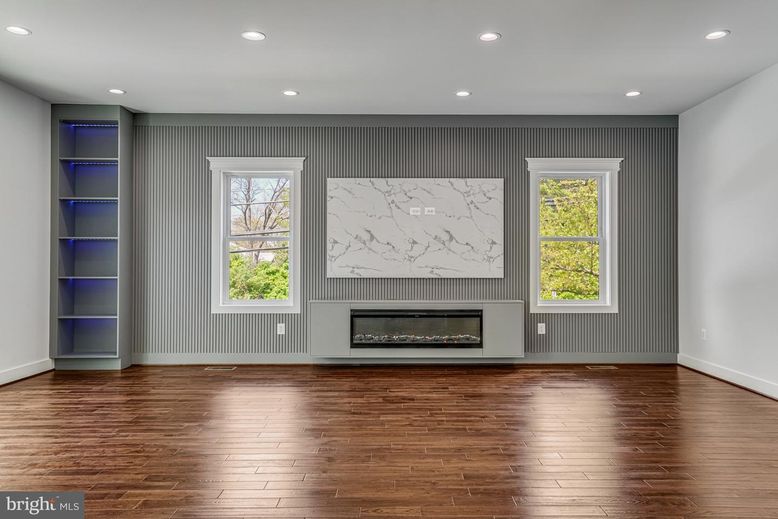 Empty room, Fireplace, Interior, Recessed Lighting, Wood Texture Flooring