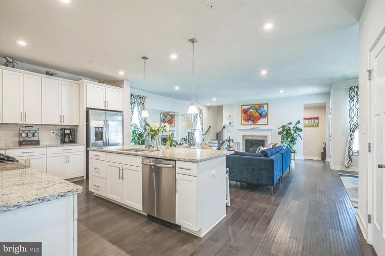 Fireplace, Interior, Kitchen, Living room, Pendant Lights, Recessed Lighting, Stainless Steel Appliances, Wood Texture Flooring