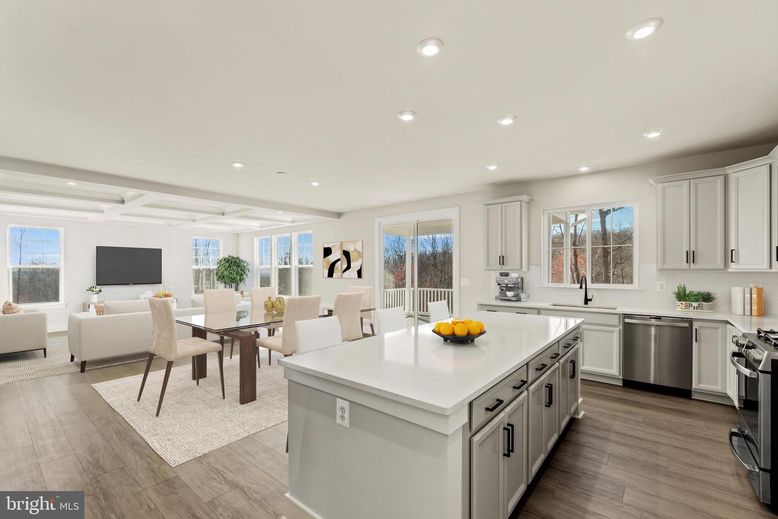 Dining room, Interior, Kitchen, Living room, Recessed Lighting, Stainless Steel Appliances, Wood Texture Flooring