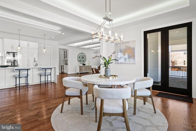 Dining room, Interior, Pendant Lights, Recessed Lighting, Wood Texture Flooring