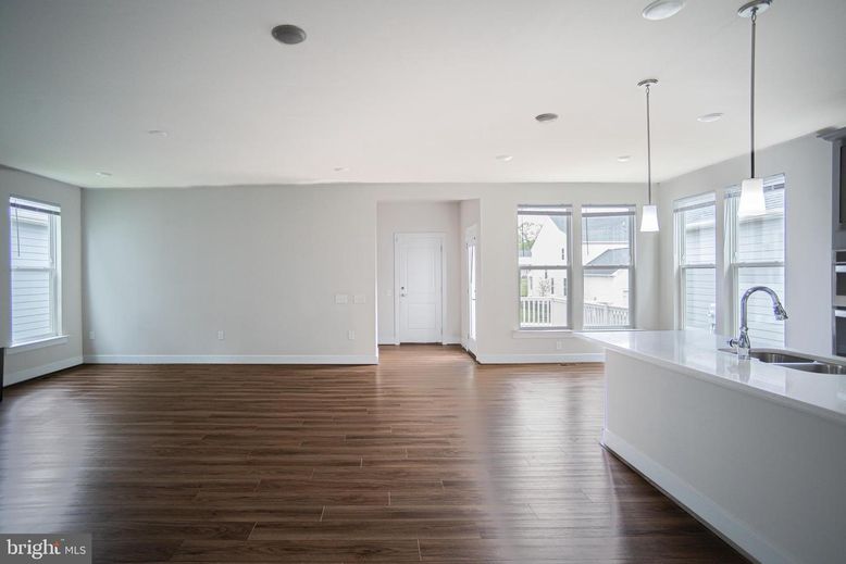 Empty room, Interior, Kitchen, Pendant Lights, Recessed Lighting, Wood Texture Flooring