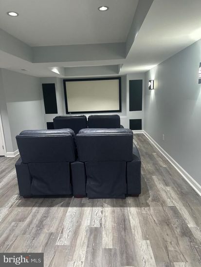 Interior, Projection Screen, Recessed Lighting, Theatre Room, Wood Texture Flooring