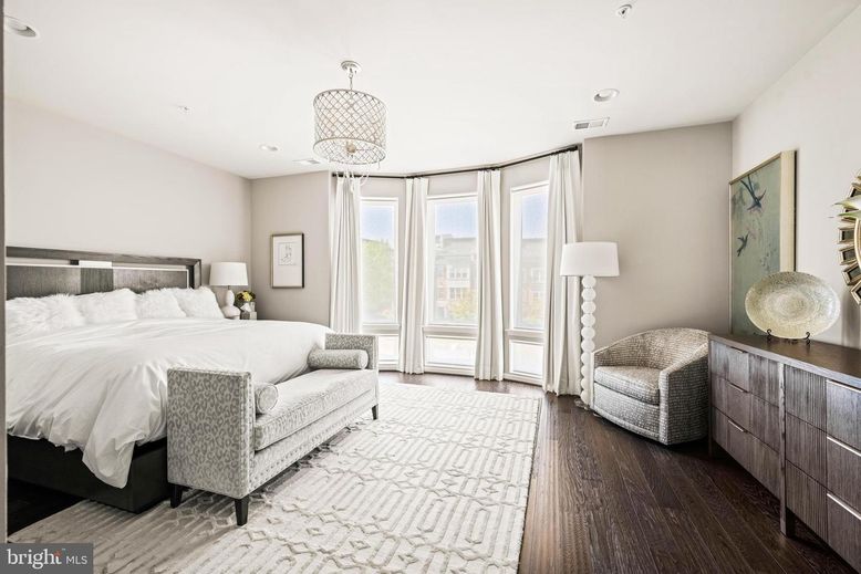 Bedroom, Chandelier, Interior, Recessed Lighting, Wood Texture Flooring