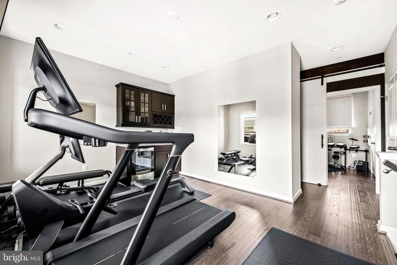 Fitness Equipment, Gym, Interior, Recessed Lighting, Wood Texture Flooring