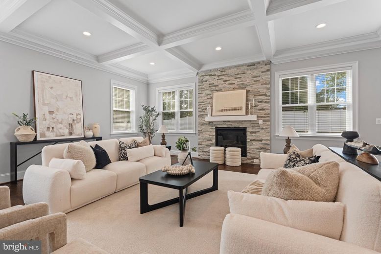 Fireplace, Interior, Living room, Recessed Lighting, Stone Walls, Wood Texture Flooring