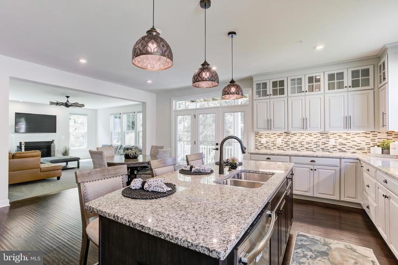 Dining room, Fireplace, Interior, Kitchen, Living room, Pendant Lights, Recessed Lighting, Wood Texture Flooring