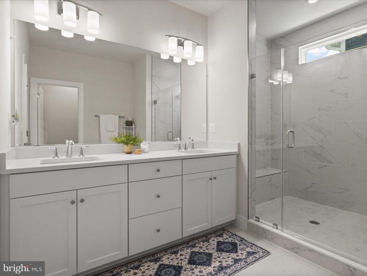 Bathroom, Dual Sink Vanities, Glass Shower, Interior, Marble Walls