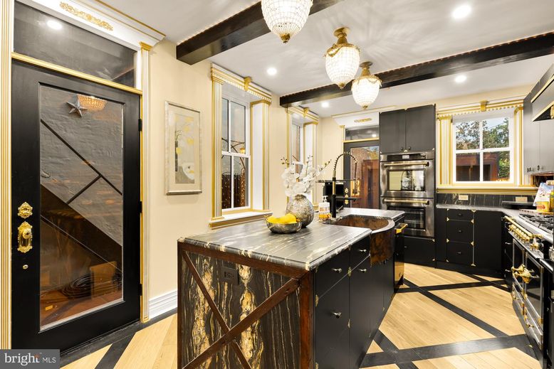 Chandelier, Interior, Kitchen, Recessed Lighting, Stainless Steel Appliances, Wood Texture Flooring