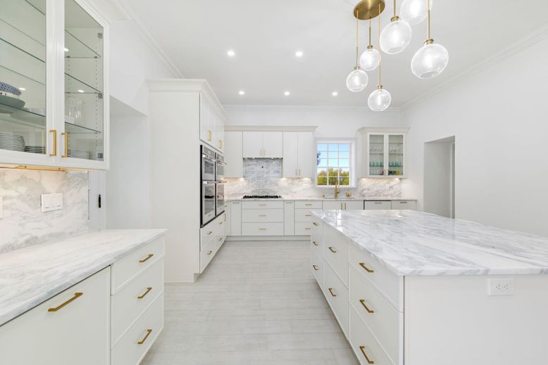 Interior, Kitchen, Marble Walls, Pendant Lights, Recessed Lighting
