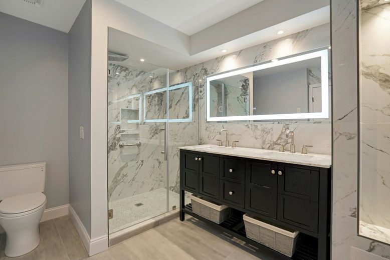 Bathroom, Glass Shower, Interior, Marble Walls, Recessed Lighting, Wood Texture Flooring