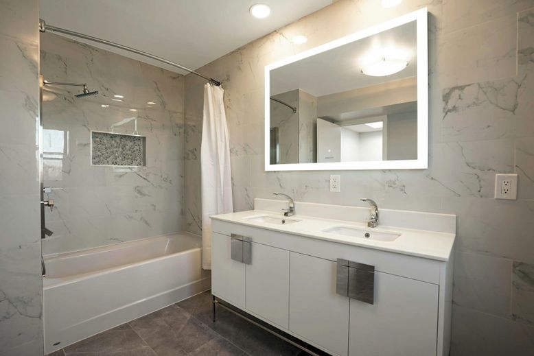 Bathroom, Dual Sink Vanities, Interior, Marble Walls, Recessed Lighting