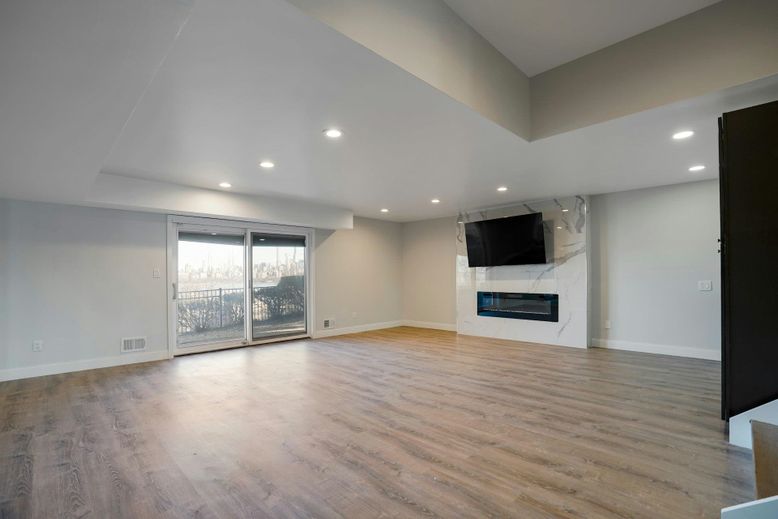 Empty room, Fireplace, Interior, Recessed Lighting, Wood Texture Flooring