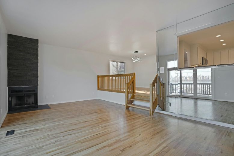 Empty room, Fireplace, Interior, Recessed Lighting, Wood Texture Flooring